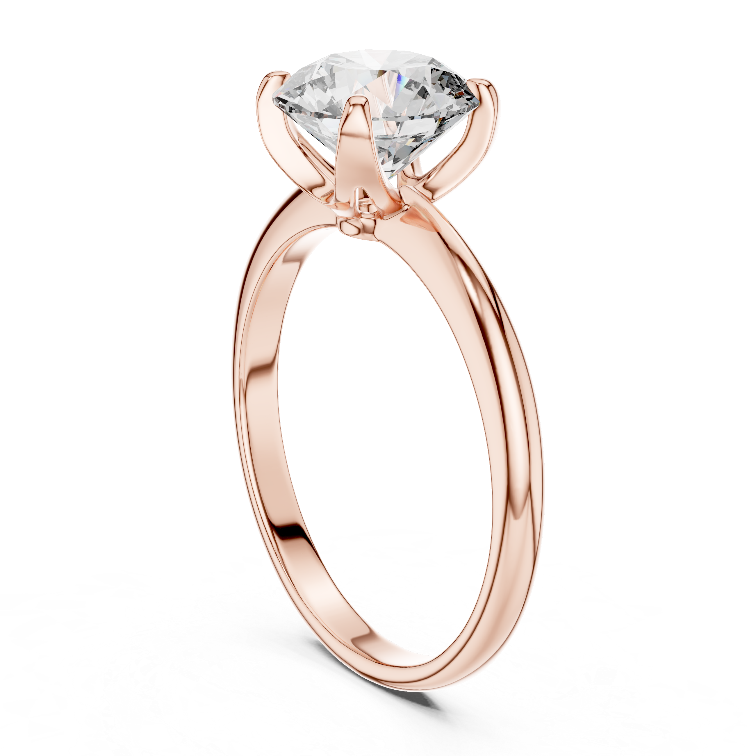 Rose gold ring with a large diamond on a white background